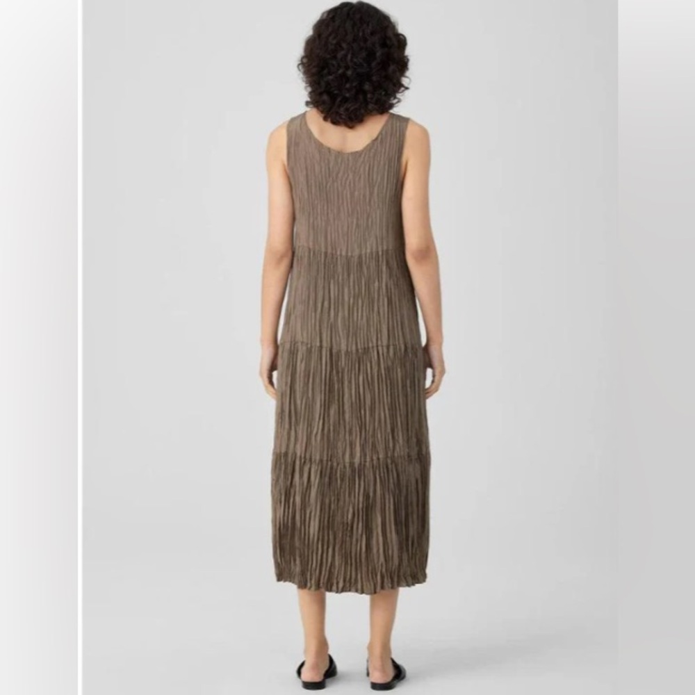 Eileen Fisher Crushed Silk Tiered Midi Dress Brown Size XL Sleeveless - Picture 4 of 14